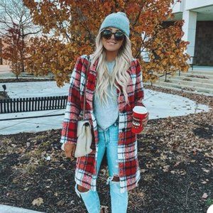 Old Navy Oversized Soft-Brushed Red Plaid Overcoat